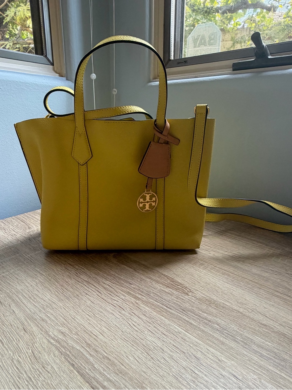 Tory Burch Chartreuse Leather Tote with Logo Charm